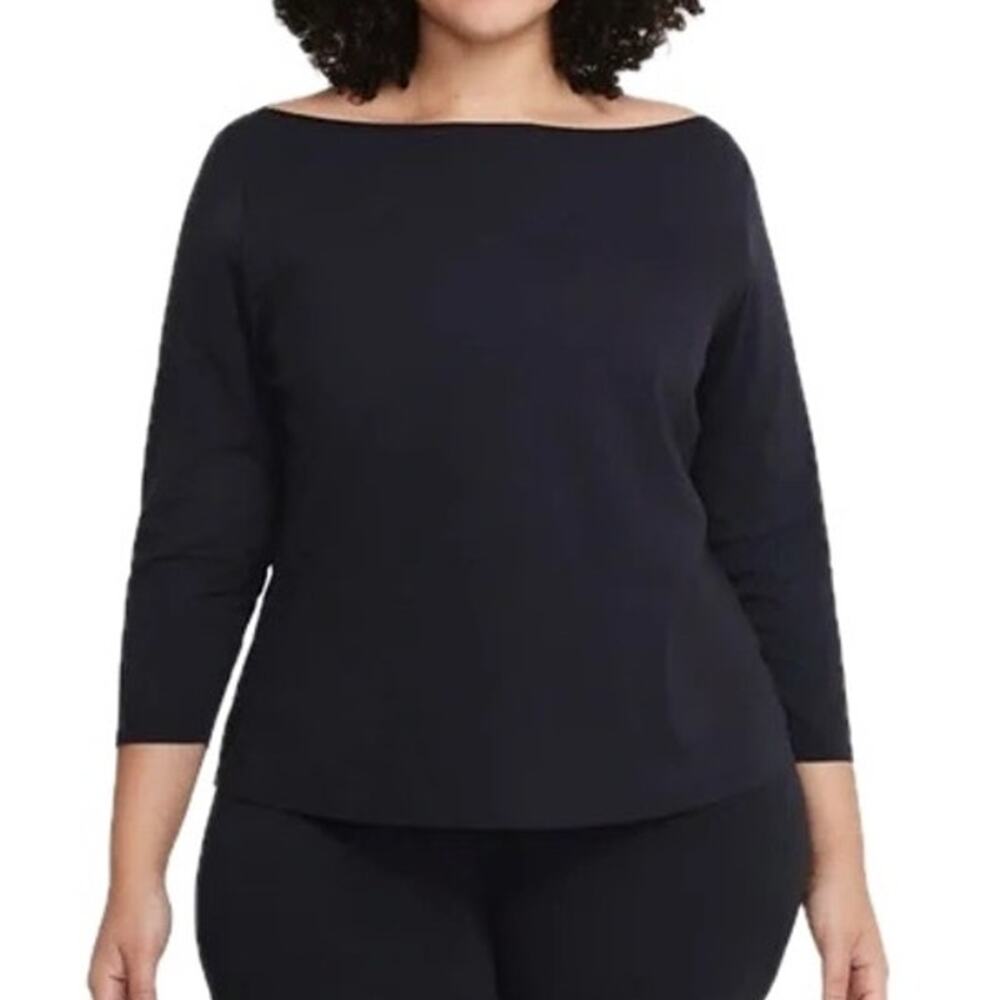 Nike Yoga Dri Fit Soft Lightweight Black 3/4 Sleeve Wide Boat Neck Luxe Top